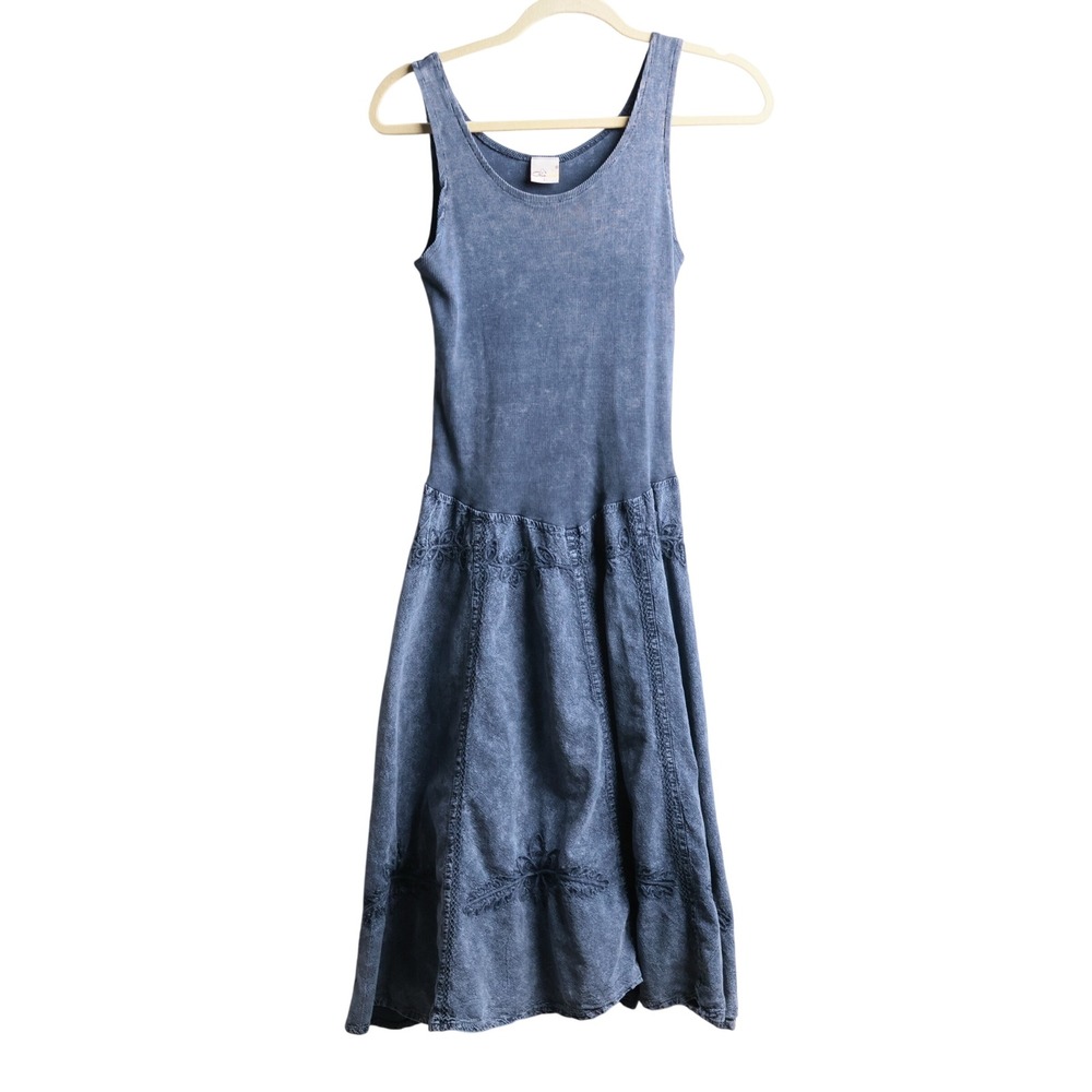 Giocam Blue‎ Acid Wash Embroidered Cotton Midi Dress Sleeveless L Fairy Core